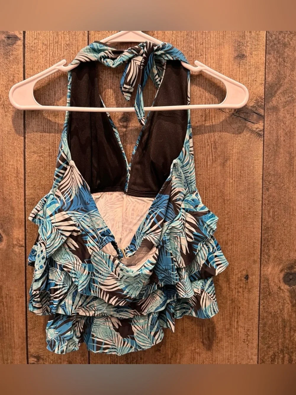 Bathing suit top Blue Tropical Ruffled Halter LARGE